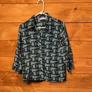 Notations‎ Women's Button Down Shirt Top Blue Black Patterned Size L